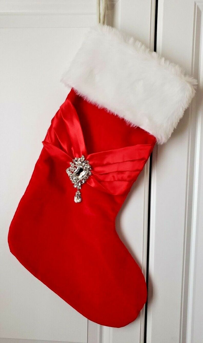 New Red Velvet 22" Red Christmas Stocking with Red Satin Sash & Jewel Well Made
